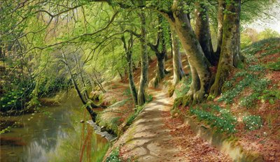 Ett trädbevuxet flodlandskap (olja på duk) av Peder Monsted