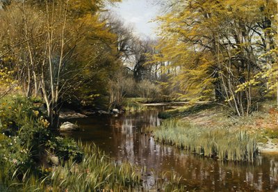 Ett skogsbevuxet flodlandskap av Peder Monsted