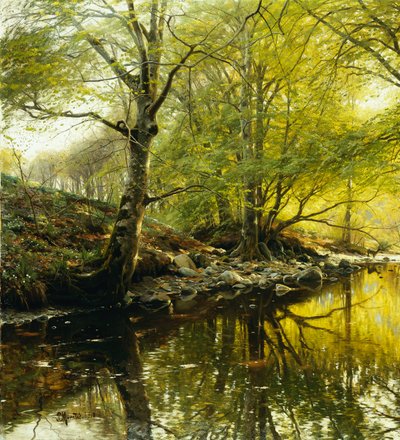 Ett skogsbevuxet flodlandskap av Peder Monsted