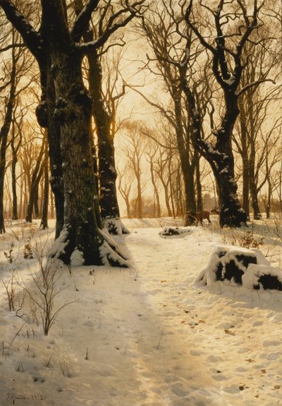 Ett trädbevuxet vinterlandskap med rådjur av Peder Monsted