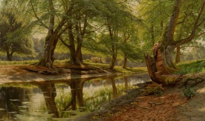P.Mönsted, vårdag vid skogsbäcken av Peder Monsted
