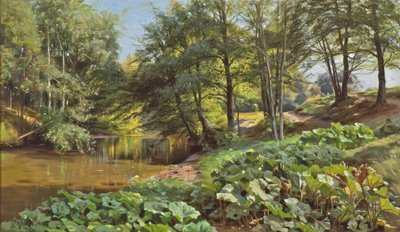 P.Mönsted, solig majdag vid skogsbäcken av Peder Monsted