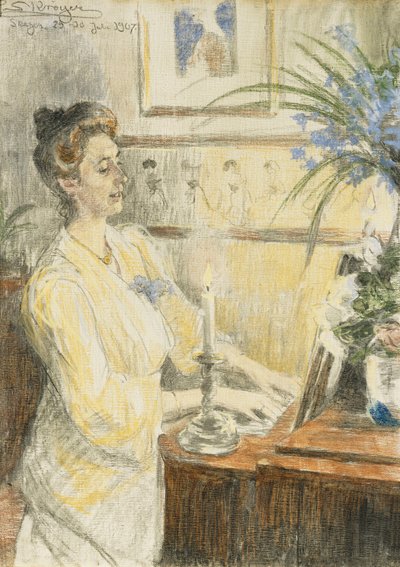 Porträtt av Johanne Helene Louise Brodersen, vid pianot, 1907 av Peder Severin Krøyer