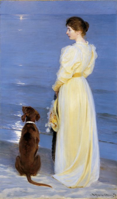 Sommarkväll på Skagen. Konstnärens fru med hund vid stranden av Peder Severin Krøyer