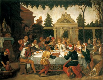 Isaac och Rebeccas bröllopsfest, av en konstnär från Pedro Orrente-skolan (1580-ca 1645) av Pedro (school of) Orrente