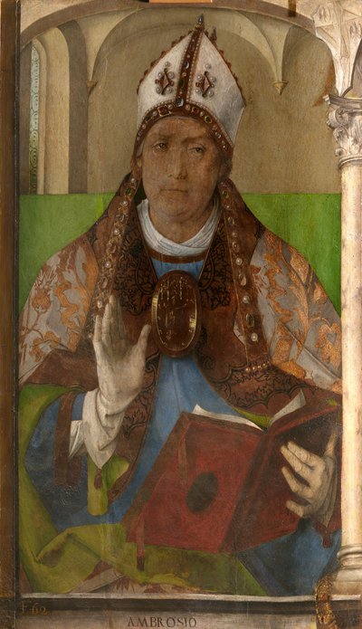 Ambrosius av Milano (ca 340-397) - Sankt Ambrosius, ärkebiskop av Milano av Berruguete, Pedro (1450-1503). Olja på trä, storlek: 117x65, ca. 1473-1475, Galleria Nazionale delle Marche, Urbino av Pedro Berruguete
