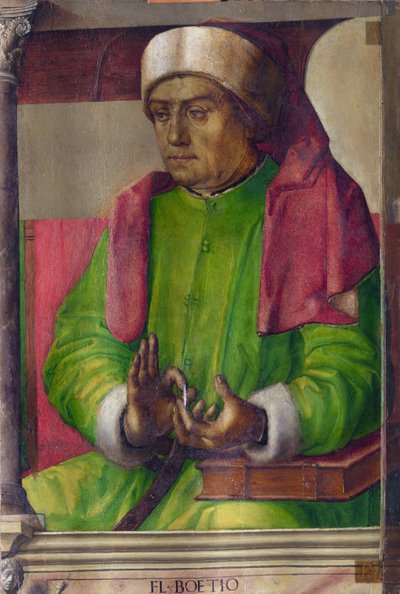 Boece (480-524) - Boethius par Berruguete, Pedro (1450-1503). Olja på trä, storlek: 97x63, ca. 1473-1475, National Gallery of the Marche, Urbino av Pedro Berruguete