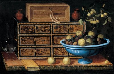 Skrivbord med en liten bröstkorg och en fruktskål av Pedro de Camprobín