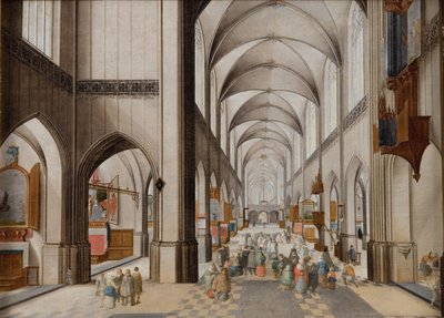 Interiör av en treskeppig gotisk kyrka under en predikan av Peeter Neeffs d.Æ.