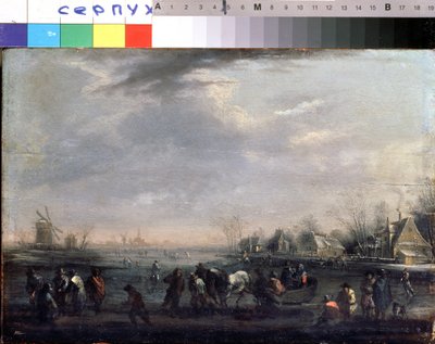 "Vinterlandskap med skridskoåkare" Målning av Peeter Bout (1658-1719) Serpukhov, Statens museum för historia och konst av Peeter or Pieter Bout