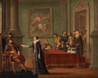 Christine Gyllenstierna (1494-1559) med säkerhetsbrevet, inför kung Christian II av Danmark (1481-1559) - Christina Gyllenstierna med brevet om tryggt uppförande inför Christian II av Hillestroem, Pehr (1732-1816). Olja på duk, storlek: 42 av Pehr Hilleström