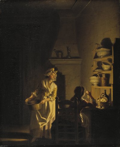 Le test des oeufs, interieur de cuisine - Testa ägg. Interiör i ett kök, av Hilleström, Pehr (1732-1816). Olja på trä. Mått: 39x32 cm. Nationalmuseum Stockholm av Pehr Hilleström