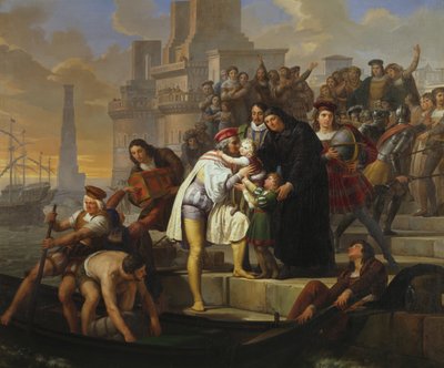 Christopher Columbus omfamnar sina två söner och rekommenderar dem till fader Giovanni Perez innan han lämnar Palos för att upptäcka Amerika av Pelagio Palagi