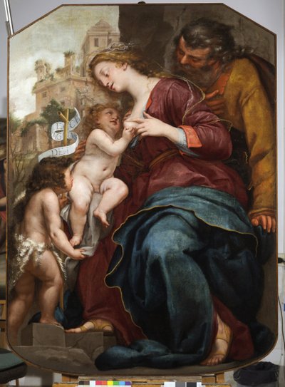 Den heliga familjen med Johannes Döparen (olja på duk av Pellegrino Piola