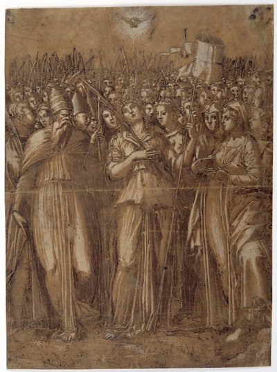 St Ursula med de martyrdödande jungfrurna (penna & brunt bläck förstärkt med vit kroppsfärg på papper tvättat brunt) av Pellegrino (c.1460-1523) Aretusi