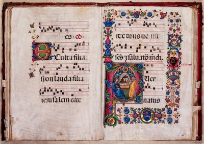Piccolomini bibliotek: körbok, torsk. 102,8, ff. 47v-48r med "Nativity", av Pellegrino di Mariano. av Pellegrino di Mariano