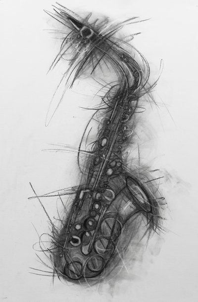 Saxofon 2005 (kol på papper) av Penny Warden