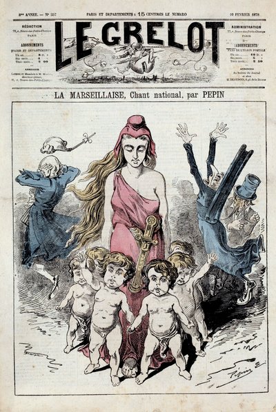 En av ""Klockan"" som representerar en allegori av nationalsången ""La Marseillaise""" som avancerar medan adelsmännen täpper till öronen medan de flyr. Illustration av Pepin. 1878-02-10. Privat samling av Pepin