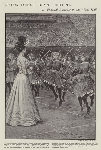 London School Board-barn vid fysiska övningar i Albert Hall (litho) av Percy F.S. (after) Spence