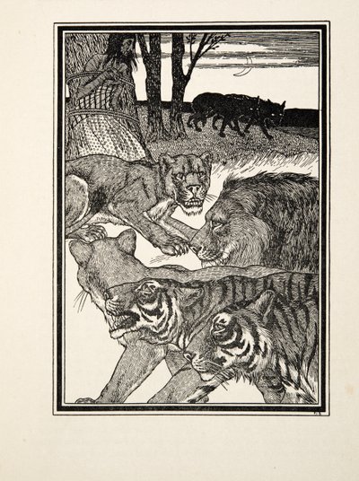 En tacksam lejoninna, från Hundra anekdoter av djur, pub. 1924 (gravyr) av Percy J. Billingshurst