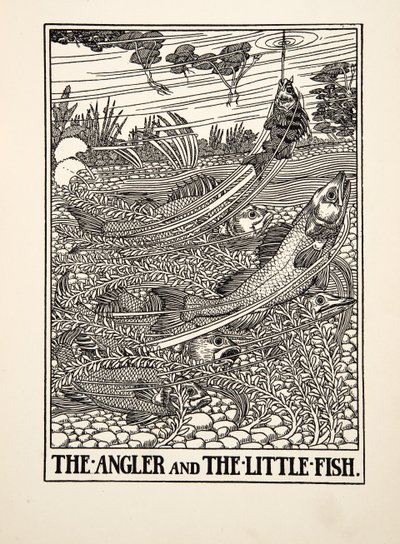 The Angler and the Little Fish, från A Hundred Fables of Aesop, pub.1903 (gravyr) av Percy J. Billingshurst