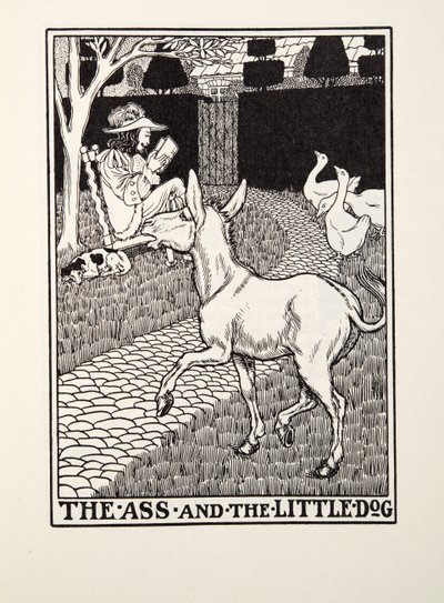 Röven och den lilla hunden, från Fontaine Fables, pub. 1905 av Percy J. Billingshurst