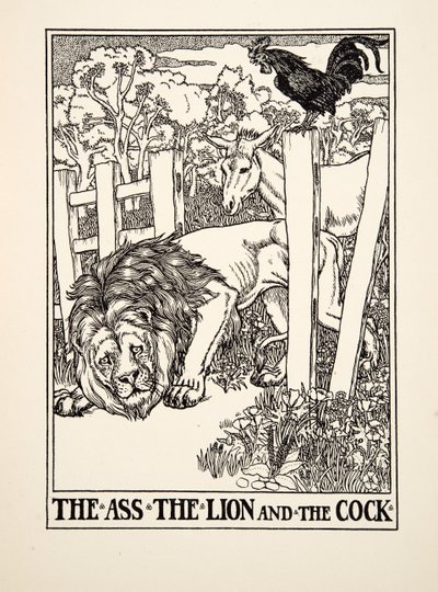The Ass, the Lion and the Cock, från A Hundred Fables of Aesop, pub.1903 av Percy J. Billingshurst