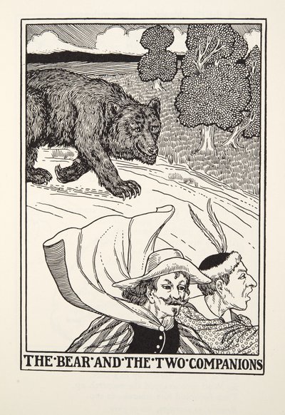 Björnen och de två följeslagarna, från Fontaine Fables, pub. 1905 (gravyr) av Percy J. Billingshurst