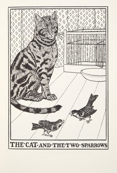 Katten och de två sparvarna, från Fontaine Fables, pub. 1905 av Percy J. Billingshurst