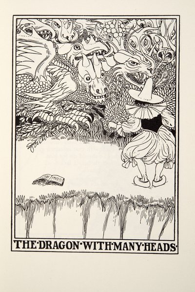 Draken med många huvuden, från Fontaine Fables, pub. 1905 (gravyr) av Percy J. Billingshurst