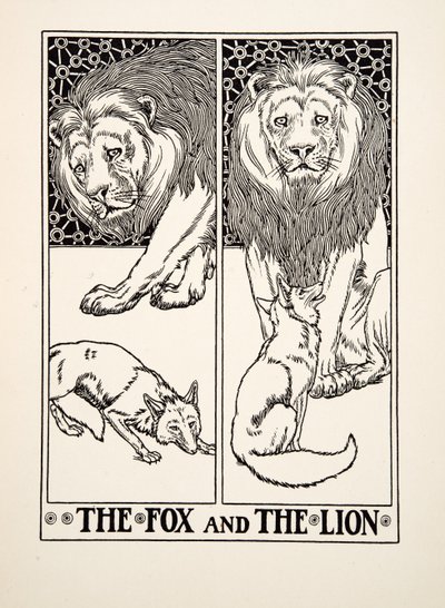 Räven och lejonet, från Aesops hundra fabler, pub.1903 (gravyr) av Percy J. Billingshurst