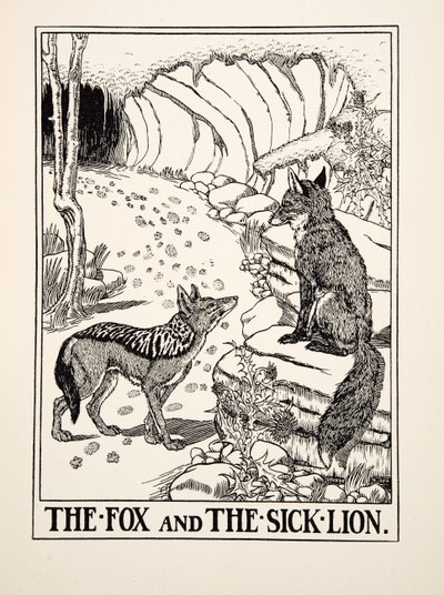 Räven och det sjuka lejonet, från Aesops hundra fabler, pub.1903 (gravyr) av Percy J. Billingshurst