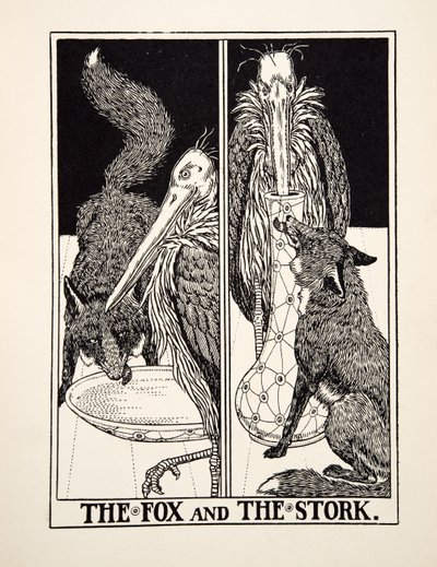 Räven och storken, från Aesops hundra fabler, pub.1903 av Percy J. Billingshurst