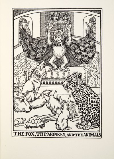 Räven, apan och djuren, från Fontaine Fables, pub. 1905 av Percy J. Billingshurst