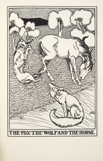 Räven, vargen och hästen, från Fontaine Fables, pub. 1905 av Percy J. Billingshurst