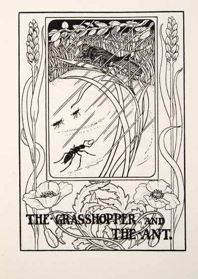 Gräshoppan och myran, från Fontaine Fables, pub. 1905 av Percy J. Billingshurst