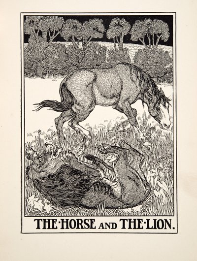 Hästen och lejonet, från Aesops hundra fabler, pub.1903 av Percy J. Billingshurst