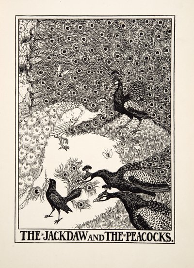 The Jackdaw and the Peacocks, från A Hundred Fables of Aesop, pub.1903 av Percy J. Billingshurst