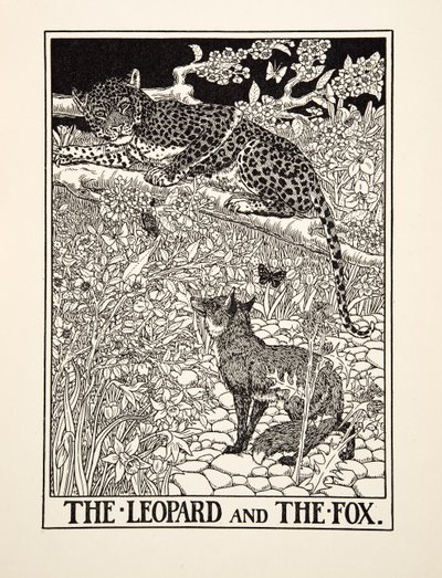 Leoparden och räven, från Aesops hundra fabler, pub.1903 av Percy J. Billingshurst
