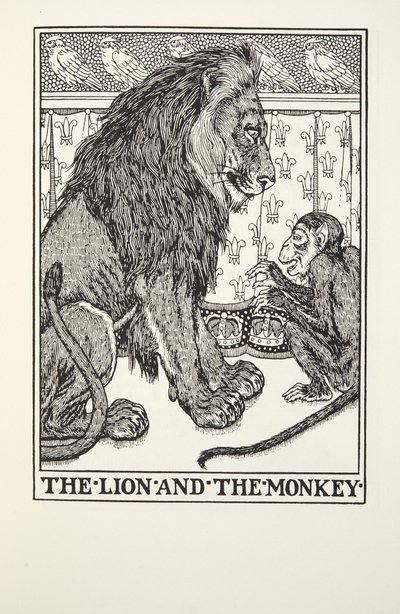 Lejonet och apan, från Fontaine Fables, pub. 1905 av Percy J. Billingshurst