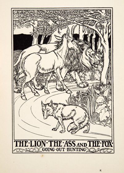 Lejonet, åsnan och räven går ut och jagar, från Aesops hundra fabler, pub.1903 (gravyr) av Percy J. Billingshurst