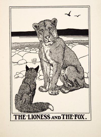 Lejoninnan och räven, från A Hundred Fables of Aesop, pub.1903 av Percy J. Billingshurst