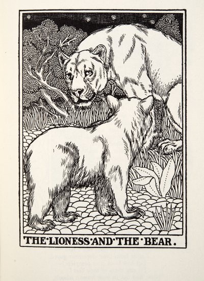 Lejoninnan och björnen, från Fontaine Fables, pub. 1905 av Percy J. Billingshurst