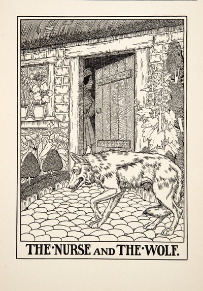 Sjuksköterskan och vargen, från Aesops hundra fabler, pub.1903 av Percy J. Billingshurst