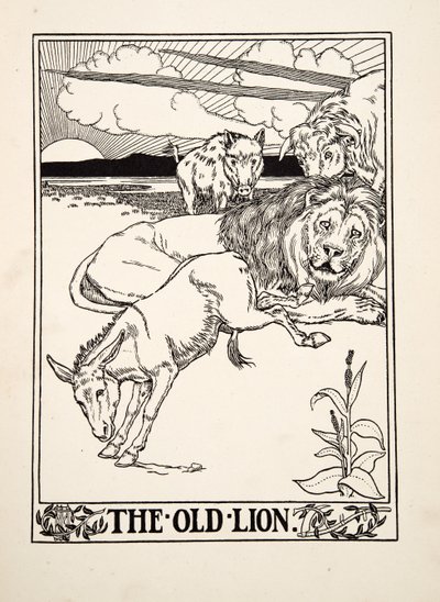 Det gamla lejonet, från Aesops hundra fabler, pub.1903 av Percy J. Billingshurst