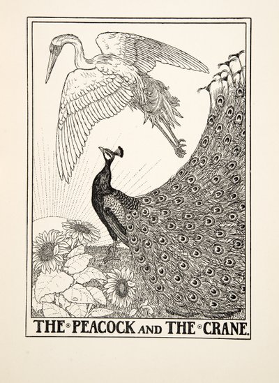 Påfågeln och tranan, från Aesops hundra fabler, pub.1903 av Percy J. Billingshurst