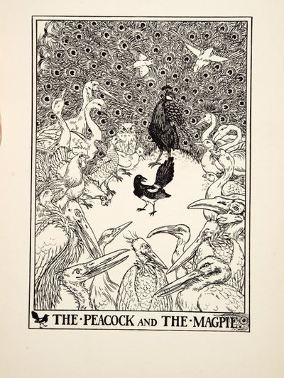 Påfågeln och skatan, från A Hundred Fables of Aesop, pub.1903 (gravyr) av Percy J. Billingshurst