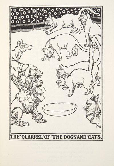Hundarnas och katternas gräl, från Fontaine Fables, pub. 1905 av Percy J. Billingshurst