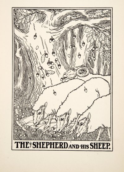 Herden och hans får, från Aesops hundra fabler, pub.1903 (gravyr) av Percy J. Billingshurst