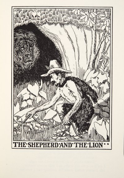 Shepherd and the Lion, från Fontaine Fables, pub. 1905 av Percy J. Billingshurst